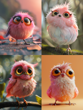 一只可爱的小鸟，身体圆圆的。眼睛占身体比例的2分之一，超大的眼晴，粉色的羽毛，皮克斯风格，c4d渲染oc渲染，流行集市，盲盒——ar 9:16