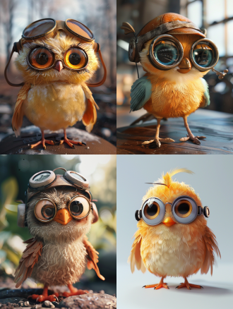 一只可爱的小鸟，身体圆圆的。戴着飞行员的帽子，眼睛占身体比例的2分之一，超大的眼晴，极细的羽毛，皮克斯风格，c4d渲染oc渲染，流行集市，盲盒——ar 9:16