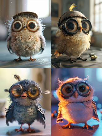 一只可爱的小鸟，身体圆圆的。戴着飞行员的帽子，眼睛占身体比例的2分之一，超大的眼晴，极细的羽毛，皮克斯风格，c4d渲染oc渲染，流行集市，盲盒——ar 9:16