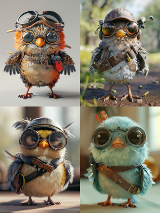 一只可爱的小鸟，身体圆圆的。戴着飞行员的帽子，穿着飞行员的马甲，腰带上有手枪，超大的眼晴，极细的羽毛，皮克斯风格，c4d渲染oc渲染，流行集市，盲盒——ar 9:16