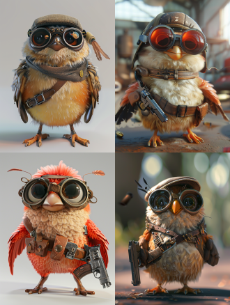 一只可爱的小鸟，身体圆圆的。戴着飞行员的帽子，穿着飞行员的马甲，腰带上有手枪，超大的眼晴，极细的羽毛，皮克斯风格，c4d渲染oc渲染，流行集市，盲盒——ar 9:16