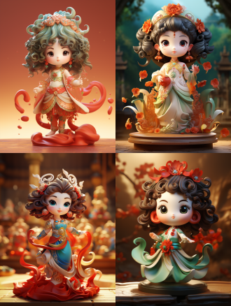 造型柔和优美敦煌飞天版雕像，古代少女，圆脸胖身，夸张中国音乐卷，红绿温润，dolly kei，温柔表情，光泽细腻，盲盒手办，明亮背景，3d渲染，oc渲染，8k画质，前光照明，圆润造型，从天而降的姿态，中国元素，鲜艳色彩，复古风格，柔和表情，细腻质感，高亮背景，三维渲染，光学渲染，超高清画质，正面照明。