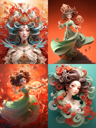 造型柔和优美，敦煌飞天，古代少女，从天而降的姿态，圆脸胖身，夸张中国音乐卷，红绿温润，dolly kei，温柔表情，光泽细腻，明亮背景，3d渲染，oc渲染，8k画质，前光照明，中国元素，鲜艳色彩，复古风格，柔和表情，细腻质感，高亮背景，三维渲染，光学渲染，超高清画质，正面照明。