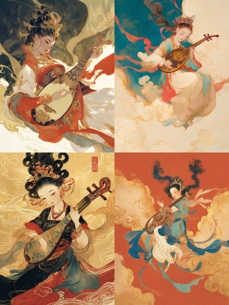 敦煌艺术插画风 ，飞天舞女，高盘发，短衣，足蹬软靴，双手娴熟地弹奏着琵琶，姿态飘逸优美，线条柔和流畅，朱红与靛蓝的色彩对比，背景衬以祥云图案的金箔，伦勃朗灯光 莫高窟 天蓝 靛蓝 紫罗兰 白紫 白 白金 浅青 浅蓝 艳蓝 动画艺术