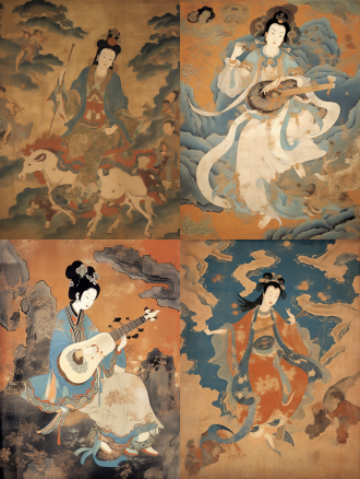 敦煌艺术插画风 ，飞天舞女，高盘发，短衣，足蹬软靴，双手娴熟地弹奏着琵琶，姿态飘逸优美，线条柔和流畅，朱红与靛蓝的色彩对比，背景衬以祥云图案的金箔，伦勃朗灯光 莫高窟 天蓝 靛蓝 紫罗兰 白紫 白 白金 浅青 浅蓝 艳蓝 动画艺术