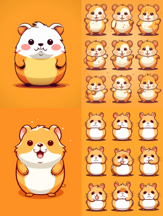 仓鼠吉祥物，多姿势表情，开心伤心生气，纯线插图，纯色填充，圆胖可爱，简洁线条，明亮色彩，商业广告，卡通插画，品牌形象，动态捕捉，平面设计，柔和光线，温馨氛围，亲和力，活泼生动。