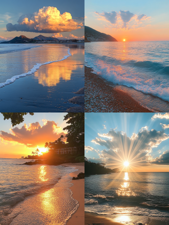 the sea, the sky, and clouds in front of you at sunset; the distant view is an island on which there are some buildings. the beach has black sand with rocks scattered around it, and there was no one in sight. the photo taken with an iphone xs max shows that the water surface reflects light from the sunlight, creating ripples. there were waves rolling onto the shore, and a cloud shaped like wings stood high above them. it creates a serene atmosphere.