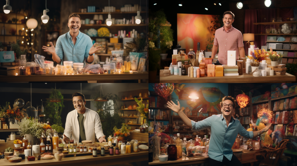 主播热情带货，摆满商品的桌子，明亮场景，特写镜头，暖光，微笑，手势，丰富商品，鲜艳色彩，活力。