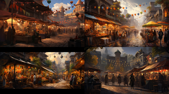 地摊热闹场景，错落摊位，熙攘人群，市井风格，暖光，中长焦镜头，丰富色彩，烟火气，忙碌，繁荣。