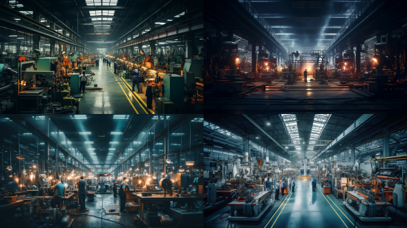 工厂内部，对称构图，冷色调，大景深，工业环境，标准镜头，顶光，忙碌工作，机器，秩序，严肃。