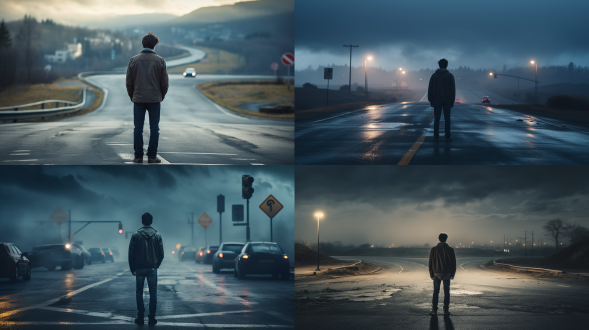 一个人站在岔路口，表情纠结，背景是模糊的道路，冷色调，中景，标准镜头，顶光，静止，迷茫，犹豫。