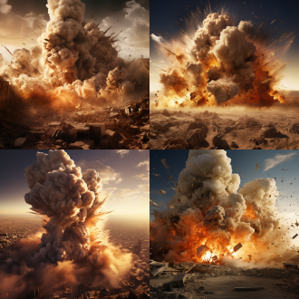 爆炸扬起尘土碎石视野开阔，全景构图，真实场景，高动态范围，中性色调，广角镜头，逆光，飞扬，震撼。