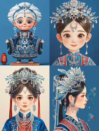 东方苗族少女，银色发饰，月牙项链，吊着很多银饰，身穿苗族特色服装，微笑开心，正对屏幕，建模，c4d，皮克斯风格，干净的背景