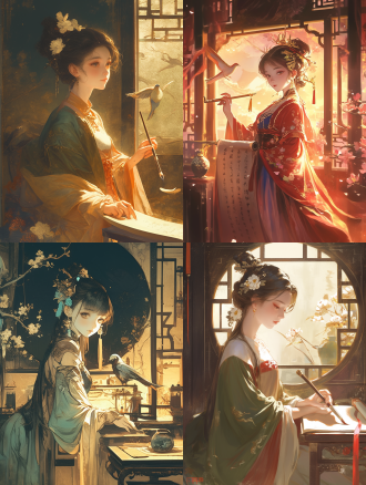 chinese ancient style girl holding brush scroll in traditional room, ancient style, gongbi painting, style surreal and dreamy landscape, dark background, orange, flower window, flying bird theme, vivid picture, detailed design, mural, 8k, in clothes ...