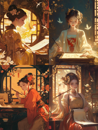 chinese ancient style girl holding brush scroll in traditional room, ancient style, gongbi painting, style surreal and dreamy landscape, dark background, orange, flower window, flying bird theme, vivid picture, detailed design, mural, 8k, in clothes ...