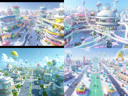 top-down terrain, game scenes, game map making, 3d scenes, rainbow-colored streets, high-tech houses and stores, electronic and holographic lines, technological atmosphere, future cities, regional bird's-eye view scene effects, 2d illustration style, game scene maps, city islands suspended in the sky. in the middle of the scene is a large empty square, with a gorgeous stage in the center, connected to different streets with different shops and balloons flying in the sky, the game art style uses high-resolution color illustrations and isometric perspective, the cartoon style features cute cartoon designs, and the background color should be a sky with a rainbow
