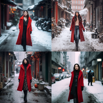 中国女孩模特身材，红色长款呢子风衣，黑色靴子，牛仔裤，城市街道，飘雪，唯美真实，高画质，室外，自然光，广角镜头，冷暖色调对比，优雅行走，宁静，期待。