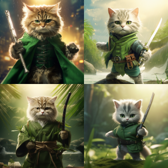 呆萌猫咪大侠，竹林背景，猫咪身穿侠客服，右手奶瓶，左手鱼剑，表情严肃，毛发蓬松，真实感强，动态捕捉，广角镜头，自然光，高对比度，绿色调，紧张氛围，英勇动作。