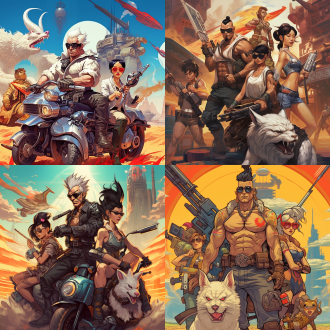 赛博朋克风西游记，唐僧戴黑色墨镜居中，孙悟空手拿激光棍居左表情嚣张，猪八戒拿重型火箭筒和鸡腿居右，沙僧肌肉型手拿重机枪居后，白龙马为美女手拿皮鞭，未来都市背景，高对比度，霓虹灯光，广角镜头，侧光，动态模糊，金属质感，冷色调，科技感，力量感。