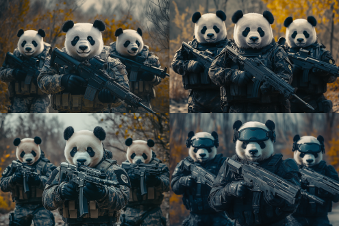 熊猫士兵，全副武装，现代战场，金属质感，广角镜头，冷色调，前侧光，动态姿势，严肃表情，力量感。 电影风格