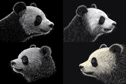 a panda's head in profile, drawn with white lines on a black background, in the vector illustration style.deconstructed minimalist line drawing. fractal split effect. using the woodcut printmaking technique, as a line drawing, with a flat composition, simple details, clear and detailed lines, highlighting the outline of fur textures. the lines have a strong three-dimensional sense, presenting an abstract pattern, with focus on the eyes. high resolution, best quality. high fashion style of dolce gabbana and balenciaga.-ar 3:4