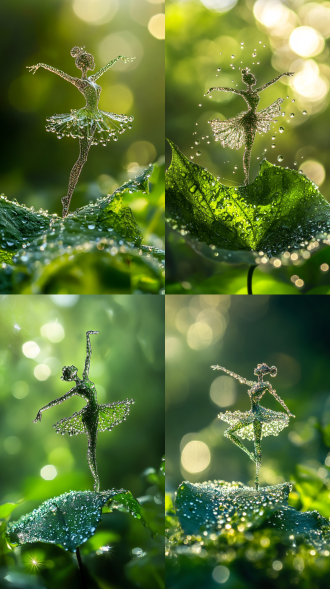 一片翠绿的叶子上，一个由水滴构成的芭蕾舞者正在起舞，姿态优雅，主体透明，周围环绕着模糊的绿色植物背景，阳光洒落，营造出奇幻的氛围。 摄影纪实
