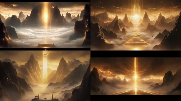 昏暗天空下连绵群山云雾缭绕，翻腾乌云向两侧延展，中式构图，8k全景，逆光，磅礴意境，暖冷色调交织。