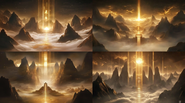 昏暗天空下连绵群山云雾缭绕，翻腾乌云向两侧延展，中式构图，8k全景，逆光，磅礴意境，暖冷色调交织。