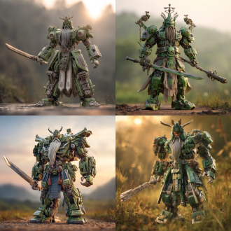 三国武将关羽机甲风挥刀，完整人身，变形金刚元素，三分法构图，绿色调，户外战场，长焦镜头，逆光，大气威武。