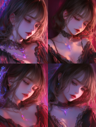 stunning anime face portrait, velvet gown, cool purple lighting, image of random arts, by lü ji, neckline, in a red dream world, featured art, realistic. cheng yi, beautiful rendered, by lu zhi