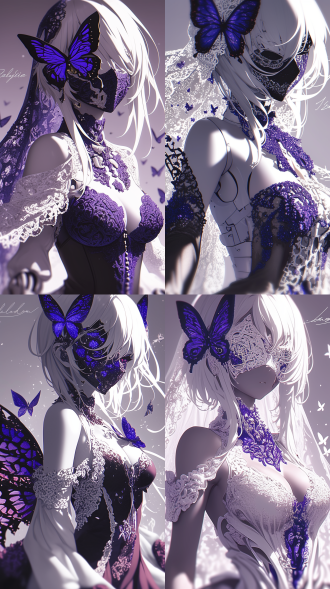 advanced digital anime art, deep purple veil, beautiful moths, white biomechanical details, transparent skin, artdoll, masked, very beautiful girl, beautiful android woman, insanely detailed intricate, of beautiful angel, dressed in a beautiful, ken kaneki, negative, lovely queen, pixiv 3dcg