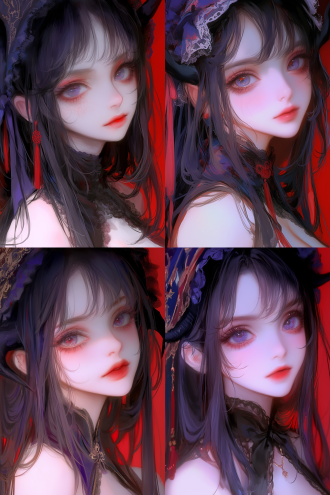 pixiv上的真实动漫风格，忧郁的表情，紫红色的皮肤，锦衣卫，中国鬼节，林启峰，wlop！柔和的颜色，黑发，娃娃脸，用黑色的角代替耳朵，精致，夸张的五官，戴着王冠