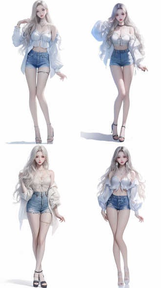 full body single character, inspired by lü ji, denim shorts, beautiful and realistic, white witch, black and white clothes, black long hair!, naver fanpop, mannequin, full art, singer in the voice show, casual summer clothes, extremely long blond hair