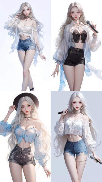 全身单个角色，灵感来自吕姬，牛仔短裤，美丽逼真，白女巫，黑白衣服，黑色长发！，naver fanpop，人体模型，全艺术，手持麦克风，休闲夏装，极长金发