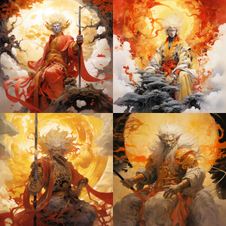 孙悟空，齐天大圣，黄毛金甲，红袍披风，手持金棒，水墨三维，暗黑魔幻，超现实梦境，威武霸气，复杂图案，概念艺术，craig mullins，peter mohrbacher，吉卜力工作室，传统扎染，精细钢笔，颗粒油画，炫彩光影，中国风格，高细节，广阔土地，超现实主义，古代文明，陆地到空间，高分辨率，细腻质感，史诗规模。