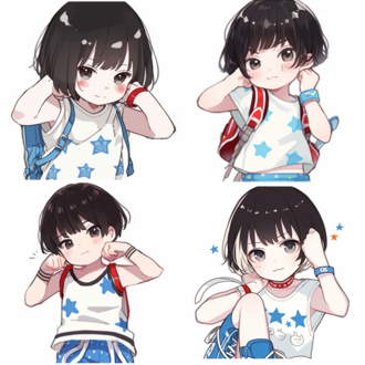 男孩，刘海发型，左手下垂右手抬手摸头，背心上半部分星状下半部分蓝白相间的条纹，过膝短裤右腿裤有t字母，小白鞋