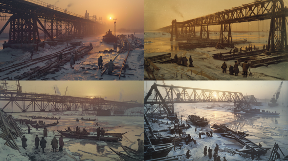 vintage 1900s photograph of harbin china railway bridge winter construction, distant view warm sunset glow over frosty horizon, midground steel truss bridge with steam cranes lifting girders, foreground many weathered chinese laborers in padded cotton coats operating hand winches near wooden barges frozen in songhua river (intricate ice cracks texture visible), period-accurate construction tools including rivet forge and pulley systems, soft dusk light casting long shadows through steel framework, brownish cyanotype color grading with slight photo emulsion degradation, hyper-detailed 16k realism capturing frost breath vapor and hammer sparks, historically accurate early 20th century engineering elements 8k