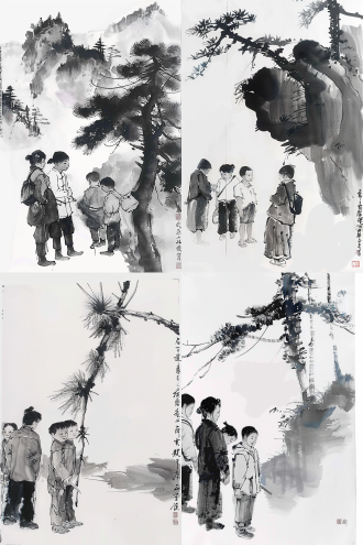 水墨画，极简主义，黑白对比，宣纸背景，长焦镜头，柔光，静态，山水元素，宁静。 单线图 中国水墨