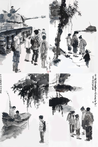 水墨画风格，极简主义，黑白对比，宣纸背景，长焦镜头，坦克和参观的学生，静态，专注，历史感，教育意义，柔和光线，深色调，庄重氛围。 单线图 中国水墨