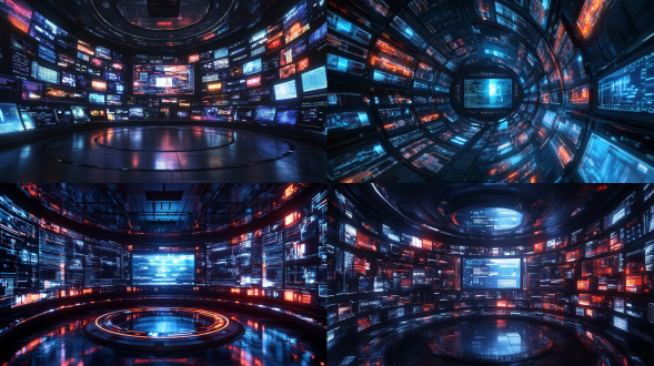 科技研发环形电视墙，3d纵深感，rgb规律布于玻璃延伸至后，深色系，广角镜头，顶光，未来感，深邃，科技风。