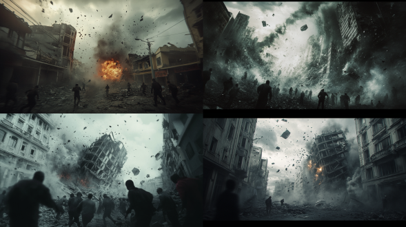 天崩地裂场景，人群惊恐逃窜，房屋崩塌，天空中火球坠落，广角镜头，暗色调，末日氛围，逆光，动态模糊，混乱，绝望。