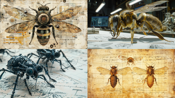 机械蜜蜂与工业设计蓝图草图，三分法构图，工作室环境，冷色调，微距镜头，顶光，手绘感，创意，专注氛围。