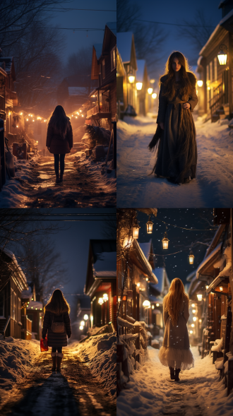 大街夜晚灯火氛围，女人长发，沥青路，木雕花房子，远景，暖色调，低光，广角镜头，侧光，宁静，治愈。 超现实主义 雪天背景 镜头光晕