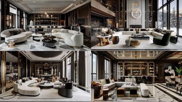 超高清vr全景效果图，50平米现代奢华酒店风格客厅，ccd设计公司极简美学，开阔通透空间布局，全景落地窗配自动遮光帘，低饱和度中性色调，意大利雪花白大理石地面，暖灰立体编织地毯，哑光胡桃木饰面墙板，古铜色金属收边条，威尼斯石膏艺术吊顶，多层次智能照明系统，嵌入式磁吸轨道灯，水晶玻璃线性吊灯，隐藏式灯带漫反射，落地窗自然光晕渲染，模块化弧形转角沙发（b&b italia款型），悬浮式大理石茶几组合，设计师单椅（poltrona frau皮革工艺），全镜面迷你吧台，抽象金属立体雕塑装置，3d立体艺术墙饰，渐变透光云石隔断，智能雾化壁炉，悬浮植物景观墙，8k超清细节，光线追踪效果，景深立体层次，360°全景视角，hdr动态范围，虚幻引擎渲染质感