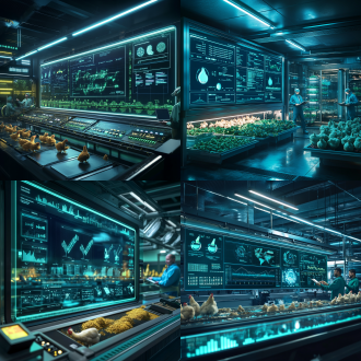 a high-tech chicken farm control room with a large digital dashboard showing real-time data (feed consumption, cost metrics, environmental stats), farmers using tablets to monitor ai recommendations, futuristic holographic interfaces, blue and green tones.