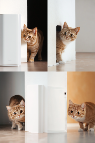 从墙壁后探出大半个身体的小猫，深棕色毛发，柔和自然光，远景，浅景深，长焦镜头，静态构图，温馨氛围，佳能相机，raw照片，舒适，宁静。