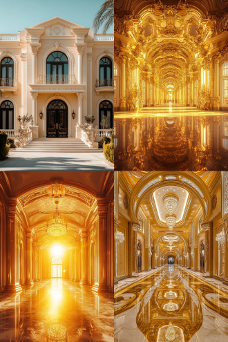 黄金府邸，对称布局，宏伟壮观，阳光下，金色色调，长焦镜头，正面光，静止，奢华，大气。