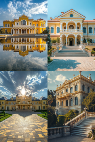 黄金府邸外立面全景，对称构图，宏伟风格，阳光下，冷色调，长焦镜头，正面光，静止，庄严。
