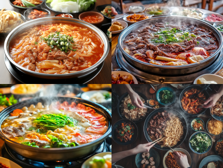 牛肉面盛在大碗里，桌上摆满配菜，近景特写，暖色调，自然光，美食摄影，热气升腾，丰富，诱人，满足。