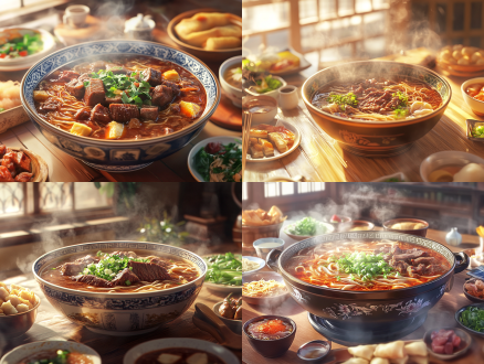 牛肉面盛在大碗里，桌上摆满配菜，平视构图，室内场景，暖光，标准镜头，写实风格，丰富细节，热气升腾，诱人。